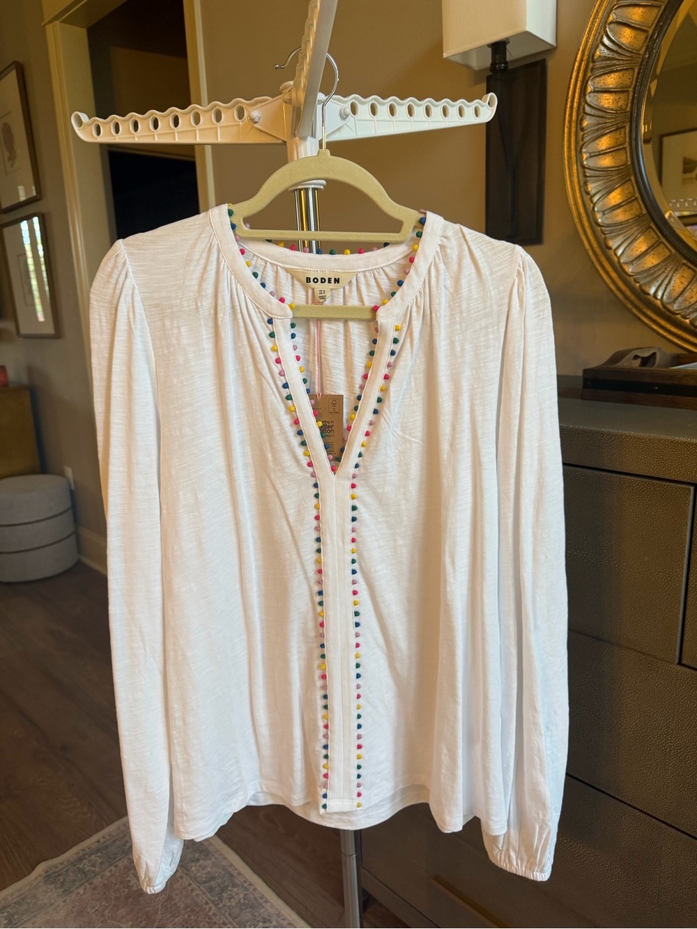 NWT Boden Ali Pom Pom Top in White/Multicolor